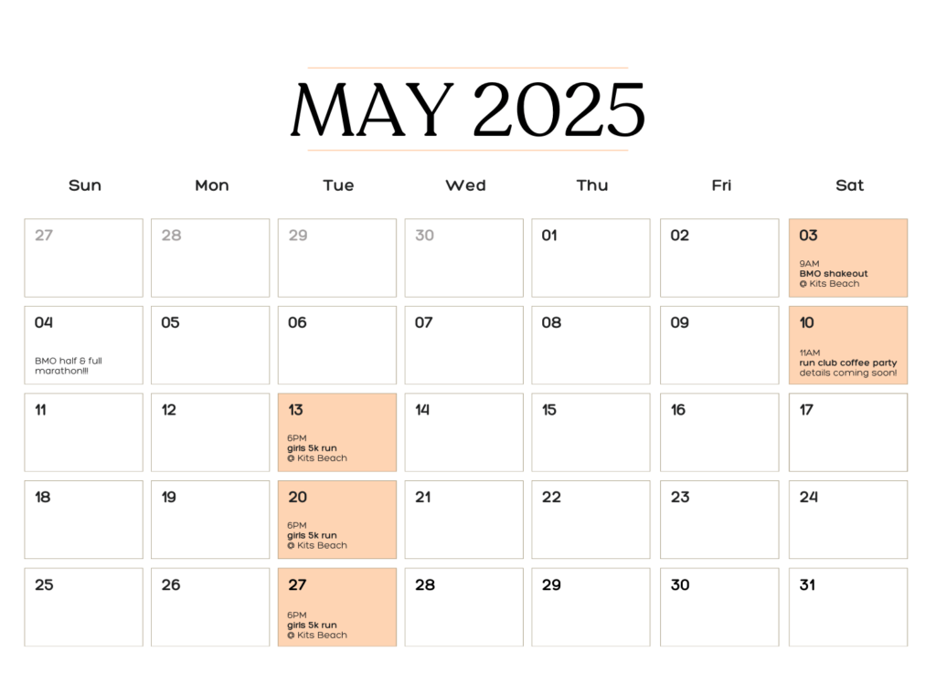 the girls monthly event calendar may 2025 vancouver run club